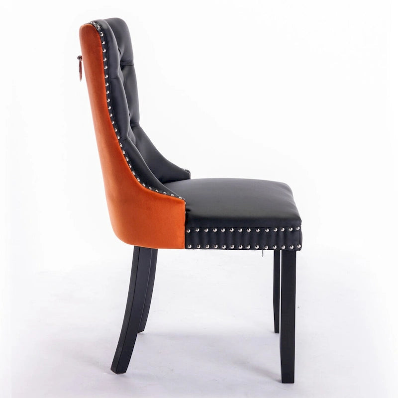 Lot de 2 chaises de salle à manger capitonnées en PU et velours avec garniture cloutée et pieds en bois