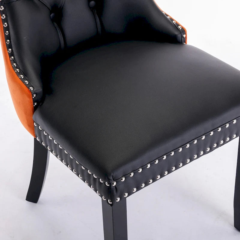 Lot de 2 chaises de salle à manger capitonnées en PU et velours avec garniture cloutée et pieds en bois