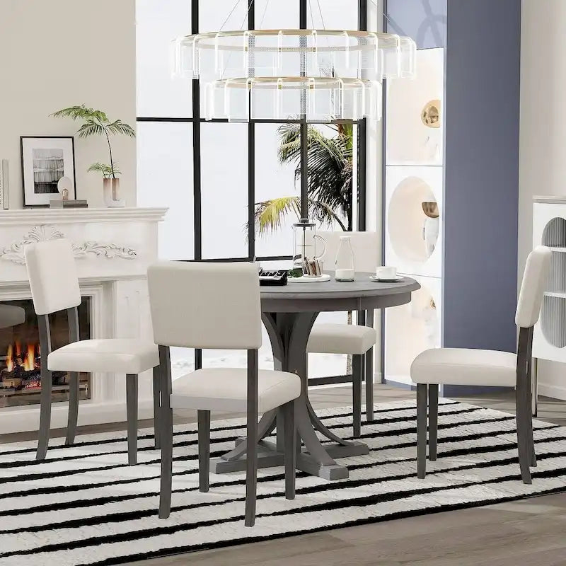 Ensemble table de salle à manger ronde rétro 5 pièces pour 4 personnes avec 4 chaises rembourrées