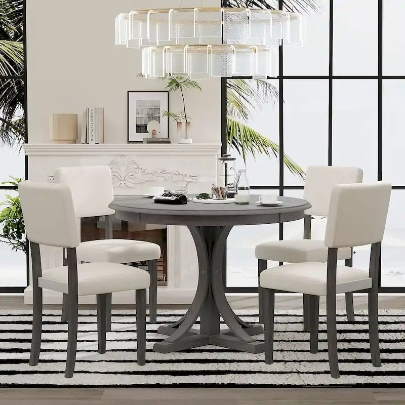 Ensemble table de salle à manger ronde rétro 5 pièces pour 4 personnes avec 4 chaises rembourrées
