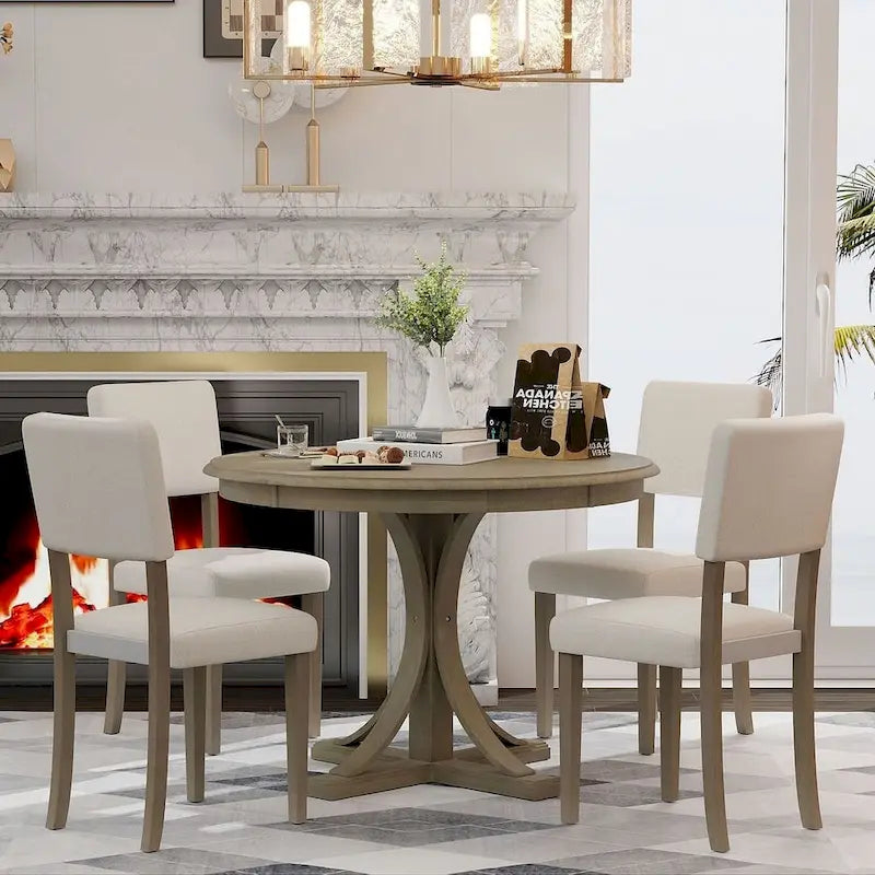 Ensemble table de salle à manger ronde rétro 5 pièces pour 4 personnes avec 4 chaises rembourrées