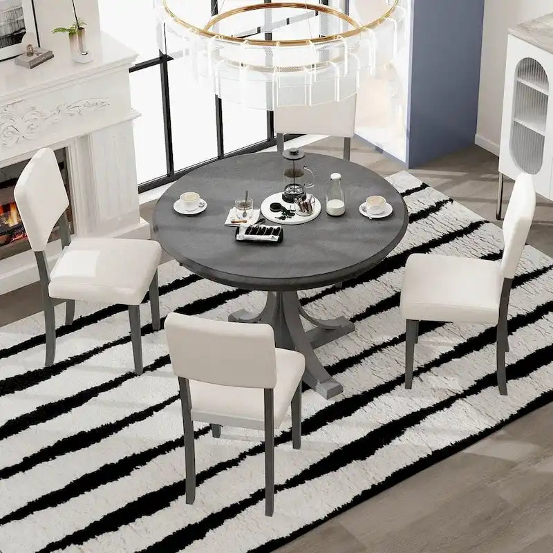 Ensemble table de salle à manger ronde rétro 5 pièces pour 4 personnes avec 4 chaises rembourrées