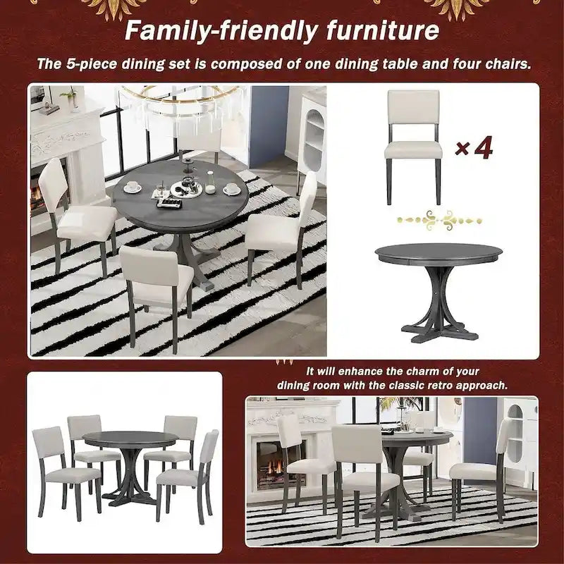 Ensemble table de salle à manger ronde rétro 5 pièces pour 4 personnes avec 4 chaises rembourrées