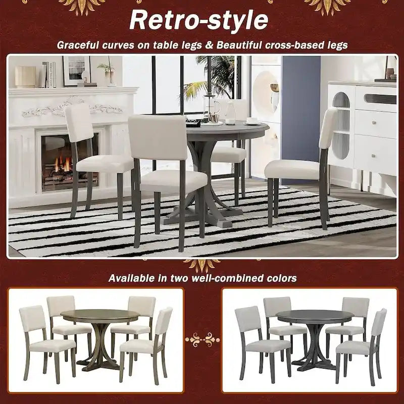 Ensemble table de salle à manger ronde rétro 5 pièces pour 4 personnes avec 4 chaises rembourrées