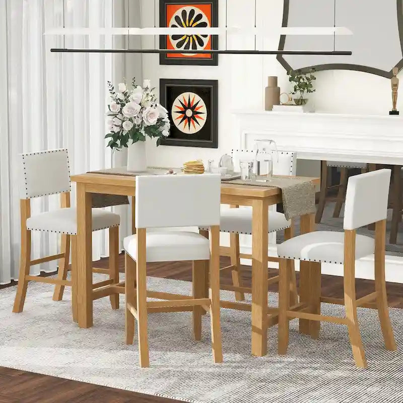 Ensemble de salle à manger 5 pièces à hauteur de comptoir, table et 4 chaises classiques et élégantes en bois naturel.