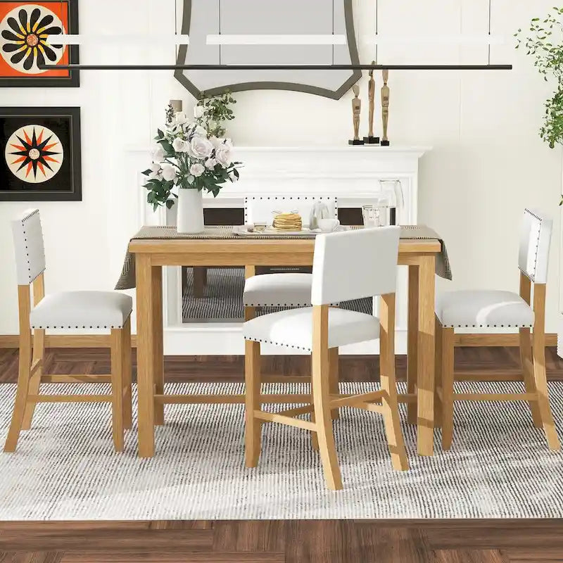 Ensemble de salle à manger 5 pièces à hauteur de comptoir, table et 4 chaises classiques et élégantes en bois naturel.