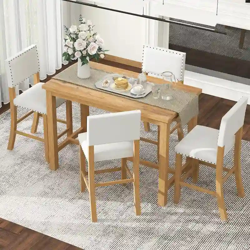 Ensemble de salle à manger 5 pièces à hauteur de comptoir, table et 4 chaises classiques et élégantes en bois naturel.
