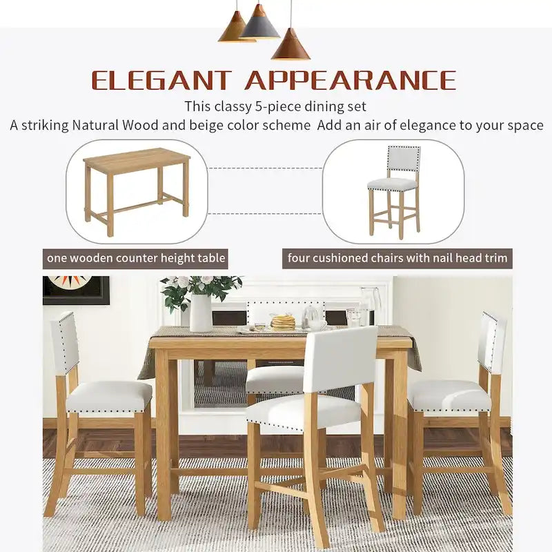 Ensemble de salle à manger 5 pièces à hauteur de comptoir, table et 4 chaises classiques et élégantes en bois naturel.