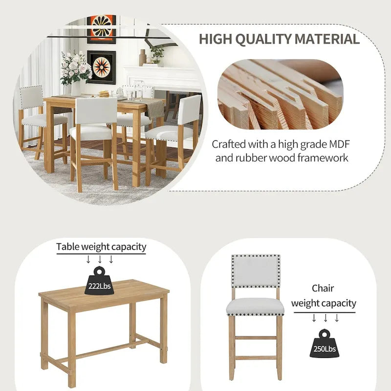 Ensemble de salle à manger 5 pièces à hauteur de comptoir, table et 4 chaises classiques et élégantes en bois naturel.