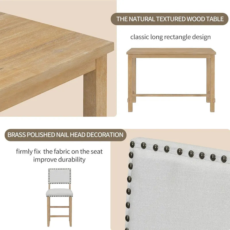 Ensemble de salle à manger 5 pièces à hauteur de comptoir, table et 4 chaises classiques et élégantes en bois naturel.