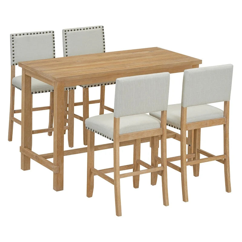 Ensemble de salle à manger 5 pièces à hauteur de comptoir, table et 4 chaises classiques et élégantes en bois naturel.