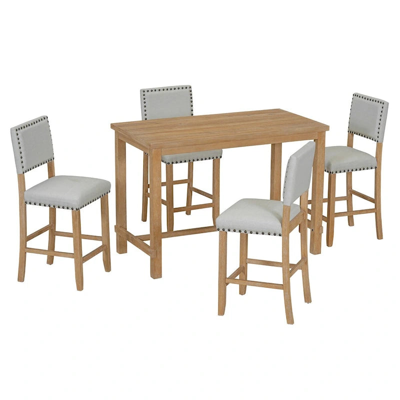 Ensemble de salle à manger 5 pièces à hauteur de comptoir, table et 4 chaises classiques et élégantes en bois naturel.
