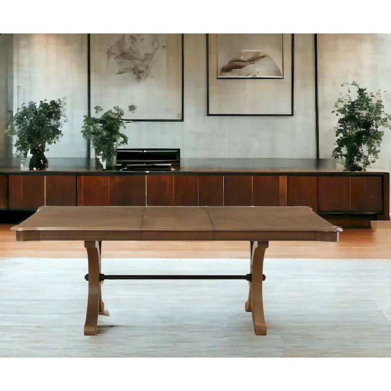 64 Brown Solid Wood Removable Leaf Trestle Base Dining Table